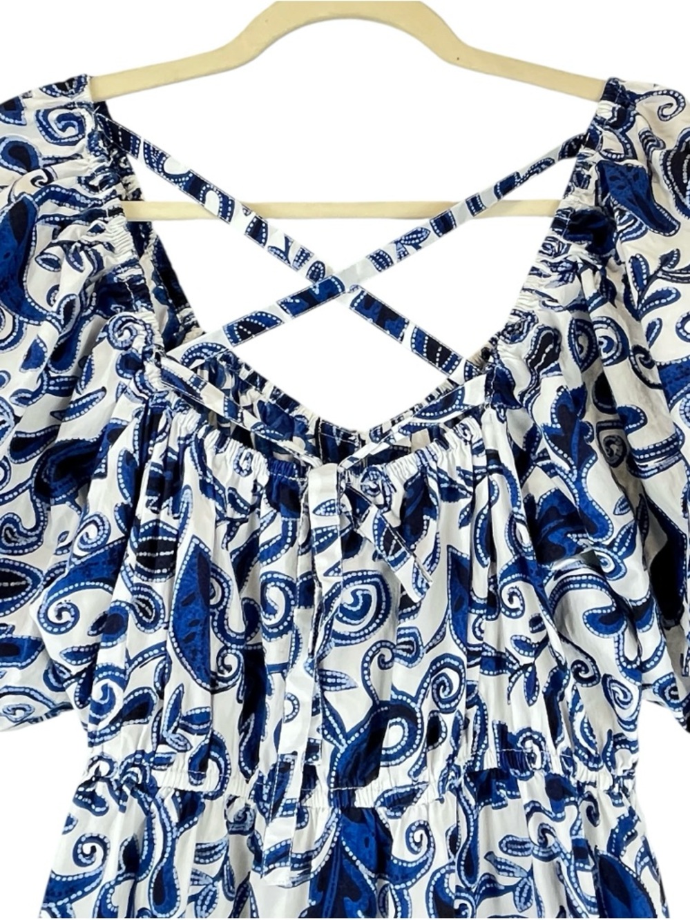 Cleobella Bea Mini Dress Azulejo Blue White Coastal Tiered Sz L TINY FLAW - Picture 7 of 16